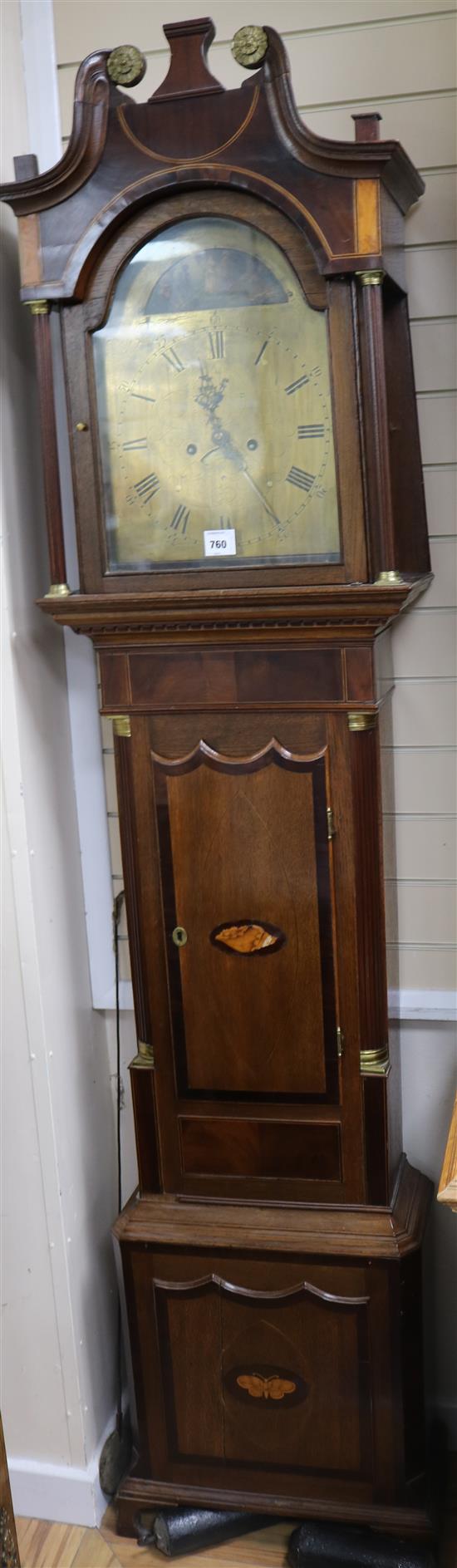 An early 19th century mahogany banded oak eight day longcase clock, 7ft